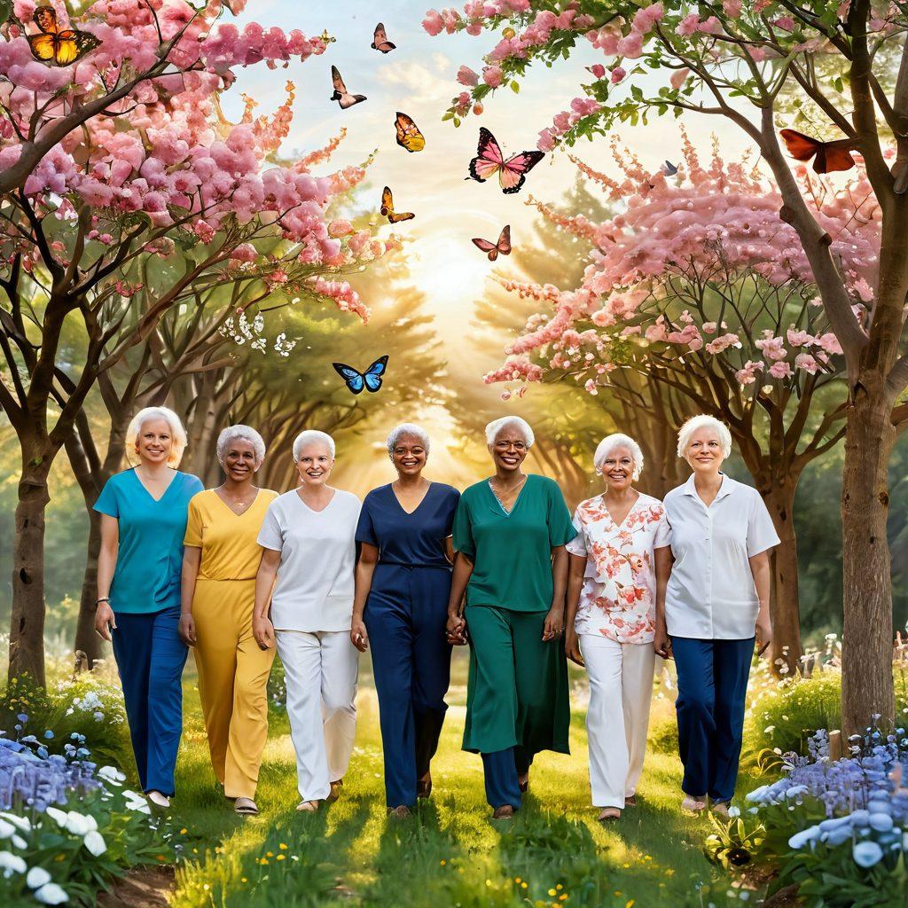 A serene landscape featuring a diverse group of cancer survivors, each embodying resilience and hope, standing together on a path lined with blooming flowers. Incorporate elements of nature symbolizing healing, such as butterflies and sunlight filtering through trees. The background should depict a sunrise, representing new beginnings and empowerment. Include soft, warm colors to evoke a sense of peace and strength. super-realistic. vibrant colors. uplifting mood.