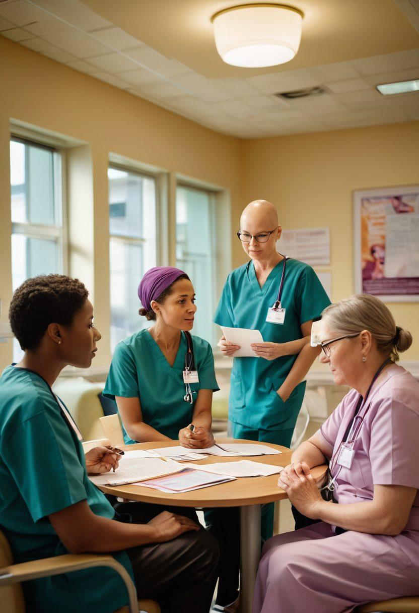 A powerful scene depicting a diverse group of oncology patients and advocates engaging in a supportive discussion, surrounded by educational materials like pamphlets and diagrams about cancer care. The backdrop features a serene hospital environment with hopeful natural light streaming in. Emphasize the expressions of determination and hope on their faces while showcasing the importance of knowledge in their journey. super-realistic. vibrant colors. uplifting atmosphere.