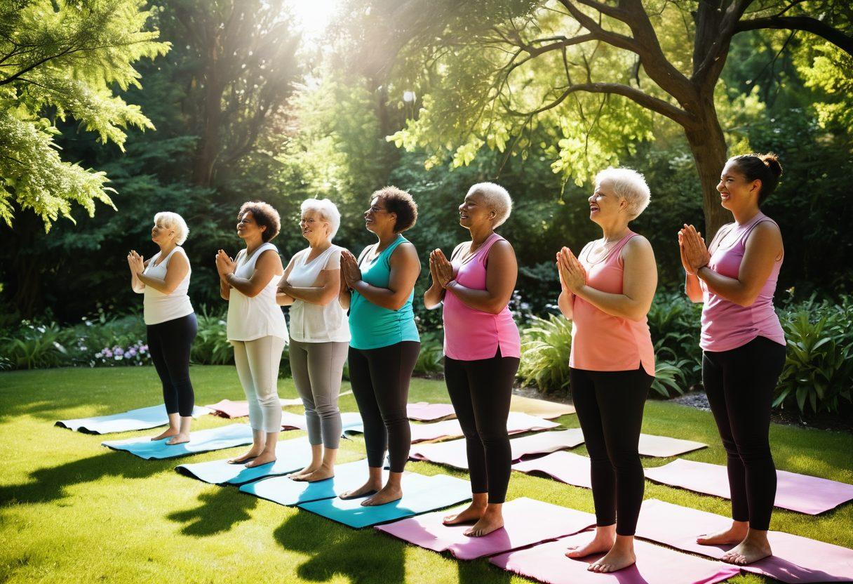 A serene scene depicting a diverse group of cancer survivors engaging in a vibrant community wellness event in a lush garden. Include elements like supportive hugs, laughter, and shared moments of joy, with soft sunlight filtering through the trees. Add symbolic touches such as blooming flowers representing hope and resilience, and yoga mats laid out for a healing session. Focus on warmth, connection, and positivity. super-realistic. vibrant colors. peaceful atmosphere.